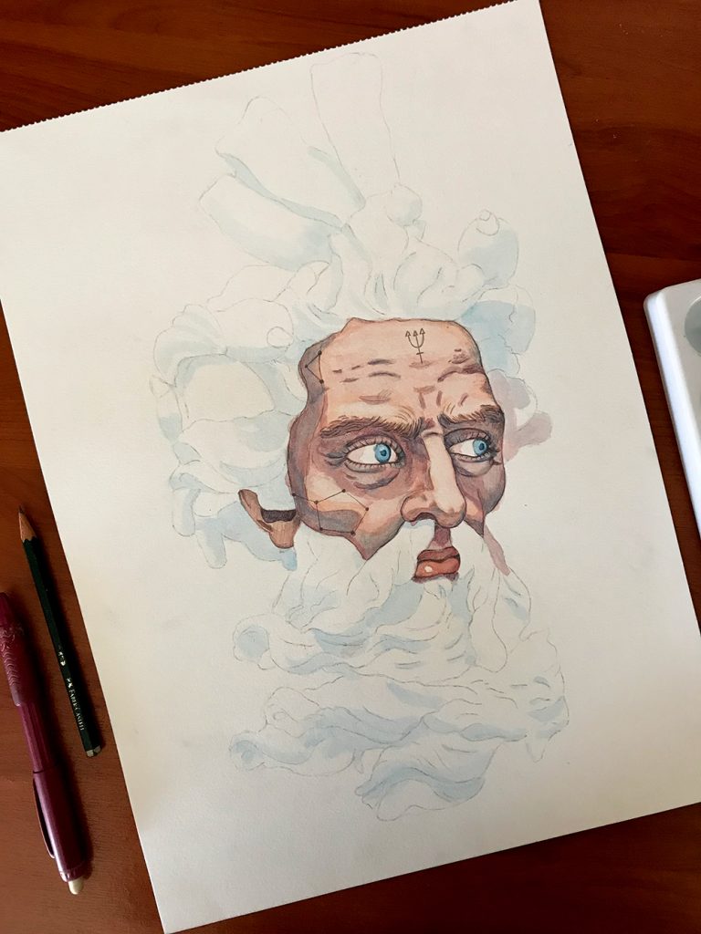 portrait of Neptune in watercolor